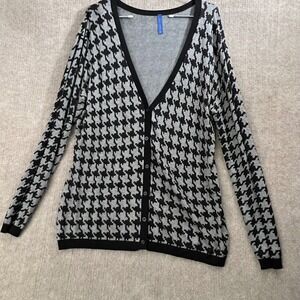 Falls Creek Womens Houndstooth Cardigan XL Gray Black V Neck Button Down Knit